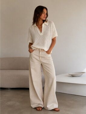 Kaffe Open Knit Polo Sweater Cream Short Sleeve Cotton Blend M
